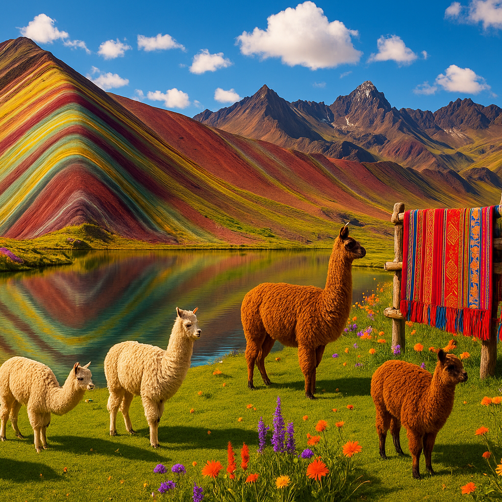 best peruvian landscape with few lamas and bright colors